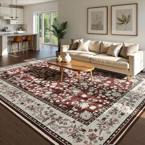 Softlife Washable Rug for Living Room, 8x10 Non-Slip Rugs for Kitchen, Oriental Indoor Mat Under Dinning Table, Mordern Print Home Carpets with Rubber Backing for Kids, Maroon and Beige