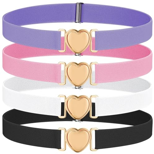 EDLMKM 4 Pack Girls Elastic Beltss, Kids Belt Adjustable Stretch Belts with Heart Buckle for Boys Girlss, Girls Belt for Kids Toddler, GGirls Belts Age 7 to 10, Childrens Beltss, Pink Beltt
