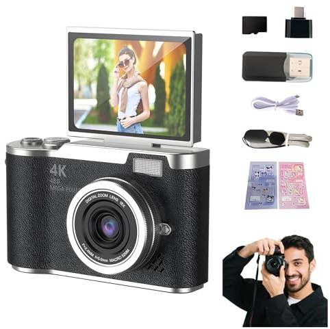 4K vikbar skärm studentkamera, pek- och fotografera digitalkameror med 32 GB TF-kort, bärbar kamera FHD 48 MP 4K digitalkamera med 8 x zoom anti-skakning med flipskärm (svart, kamerasats)