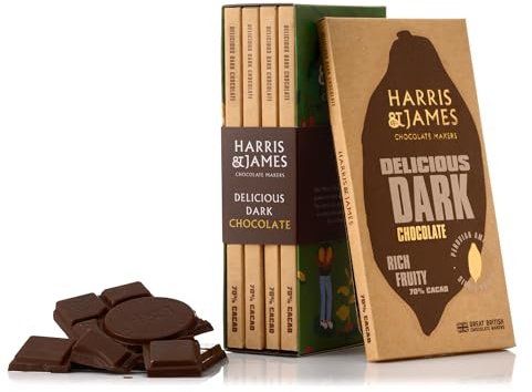 Harris & James 4 x Delicious Dark 70% Dark Chocolate Bar Library Pack, Handcrafted Bean To Bar Chocolate In A Gift Box Made From Cuencas de Huallaga Cacao (86g x 4 Bars)