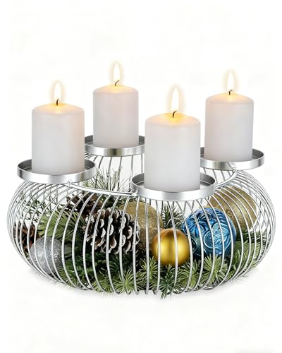 Romadedi Advent Wreath Modern Metal Advent Candle Holder Silver for 4 Advent Candles Advent Arrangement Christmas Wreath Advent Wreath Decoration for Pillar Candles Table Christmas Decoration Indoor