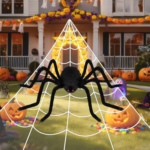SKYYUE Decoración de Halloween araña para exteriores grande, decoración de jardín horror 500 cm telaraña gigante + juego de araña gigante de 125 cm, decoración de Halloween arañas grandes (negro