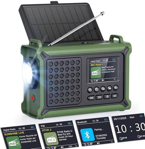 ROCAM Radio DAB Portatile con Bluetooth, Radio a Manovella 12000mAh con Pannello Solare e Dinamo, Radio Digitale DAB+/FM con Display a Colori 2,4, 80 Stazioni, Torcia LED,USB, SOS, IPX6 per Campeggio