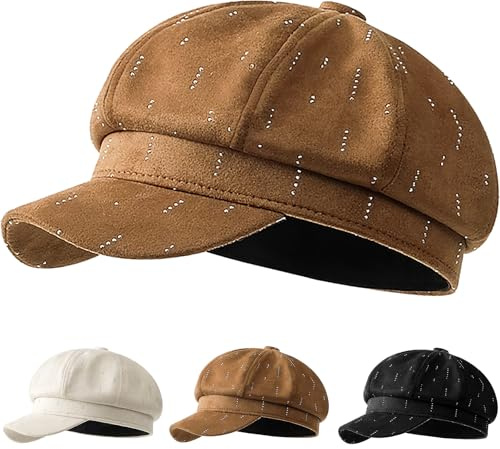 Initlove Newsboy Cap for Women Rhinestone Beret Cabbie Hat Peaked Octagonal Hats Khaki