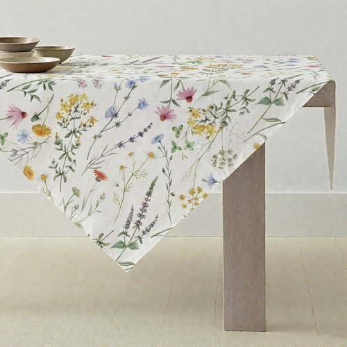 ViaElayu Mantel Primavera 85x85 Pequeño Mantel de Jardín Centro de Mesa Exterior Moderno Amarillo Rosa Flores Hojas Verdes Lavables Cuadrados Manteles de Jardín para Exterior