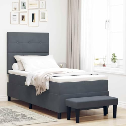 GeenYuu resårsäng med madrass, 80 x 200 cm, mörkgrå sammet, ram av trämaterial, komfortskummadrass, moderna sovrumsmöbler