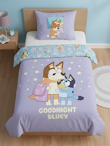 Bluey - Juego de ropa de cama infantil de 140 x 200 cm, funda nórdica 100% algodón con funda de almohada de 65 x 65 cm, reversible, diseño Goodnight Bluey y Bingo, color lavanda