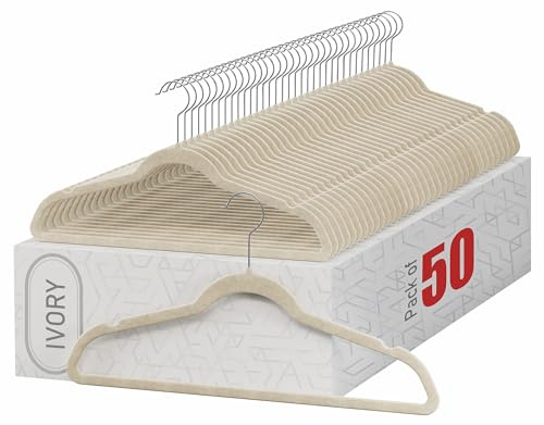 Home-it 50 Pack Clothes Hangers Ivory Velvet Hangers Clothes Hanger Ultra Thin No Slip