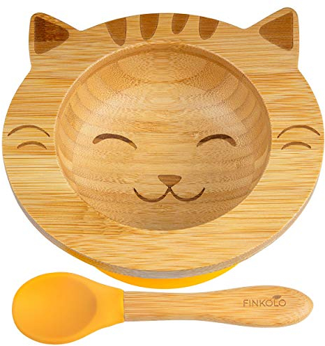 Cuenco bebe ventosa en bambú con cuchara bebe silicona | El Original Bambol de Finkolo | Forma de Gato | Platos de Aprendizaje