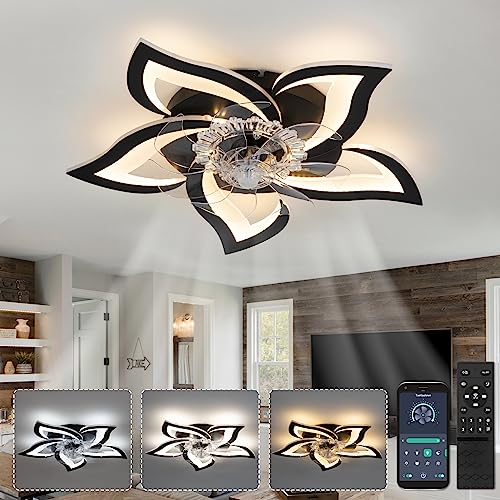 YUNLONG Ceiling Fans with Lights and Remote Silent Black Ceiling Fans with Lamps Reversible DC Motor Dimmable Memory Low Profile Fan Light Ceiling with 6 Speeds Timer