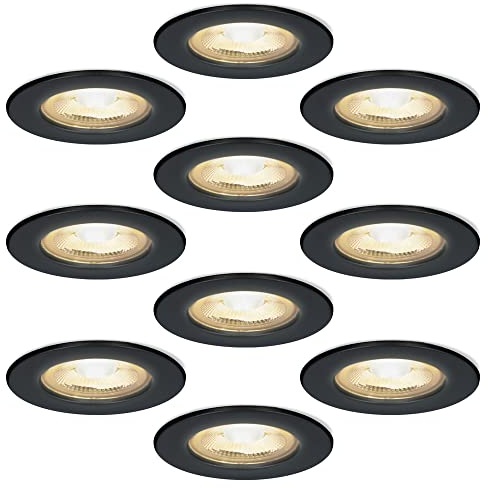 HOFTRONIC 10x Nola - LED Einbaustrahler 68mm Schwarz - IP65 Wasserdicht für Außen, Dachüberstand und Bad - Schwarz - 5W 480lm - 2700K Extra Warmweiß - Deckeneinbauleuchte Einbauspots