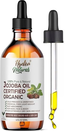 Hydra Naturals 100% Organic Cold Pressed Jojoba Oil 120ml, Hexane-Free Carrier Oil for Body, Hair, Face, Beard, Skin & Nails, Massage Oil, Vegan & Cruelty Free, Fast Absorbing, Non-Comedogenic