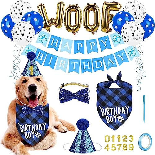 Suministros de fiesta de cumpleaños para perros, juego de pancarta de sombrero de bandana de cumpleaños para perros, pancarta de feliz cumpleaños, gatos, decoraciones de fiesta de cumpleaños