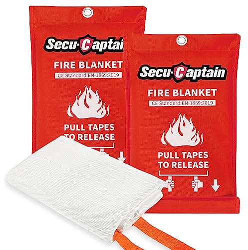 SecuCaptain Emergency Fire Blanket for Home and Kitchen - 2 Pack 40x40 Flame Suppression Fiberglass Fire Blankets for House Camping Car Office Warehouse Emergency Survival Safety