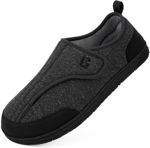 LongBay Men's Wide Fit Slippers Cozy Memory Foam House Shoes with Adjustable Hook-and-Loop Comfort for Swollen Feet Black 8