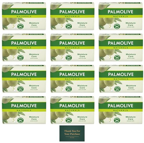 Palmolive Naturals Soap Bar Moisture With Olive Milk, Soap Bars (Pack Of 12), Vegan Soap Natural Origin Biodegradable Soap For Body Hands And Face, With Treseida Thank You Card