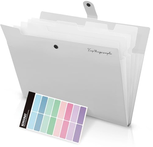 KONVINIT A4 Folders,Expanding File Folder Organizer with 5 Pockets Document Organiser Folder with Colorful Labels Plastic Folder with Dividers for Paperwork,Grey
