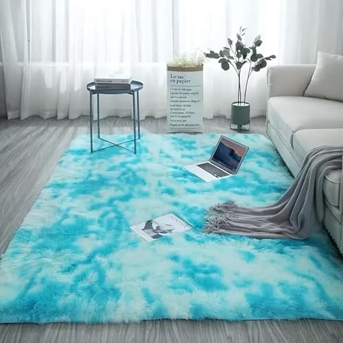 AIMECO Alfombra de pelo largo azul claro batik, 160 x 250 cm, mullida, antideslizante y lavable, estilo escandinavo, ideal para salón y habitación infantil