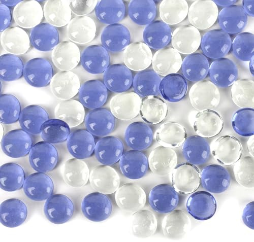 Redvigh Flat Glass Marble 1LB, 100PCS Glass Flat Gemstone for Floral Arrangements Vases Flat Bottom Gems Aquarium Fish Tank Pebbles Vase Filler Decor(Purple&Clear)