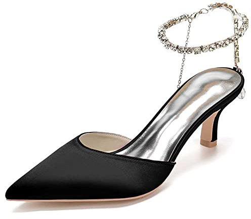 Women's Wedding Shoes Pointed Toe 2.36 Inches Stiletto Kitten Heels Buckle High Heels Satin Pumps with Mary Jane Bridal Shoes Black