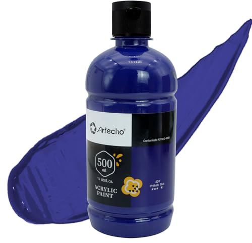 Artecho Phthalo Blue Acrylic Paint - Large Bottle 500ml / 17oz, Craft Paint for Canvas, Rocks, Wood, Fabric, Ceramic, Non-Toxic