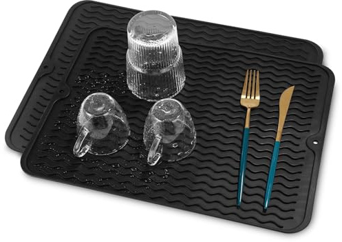Yoxovo 2 alfombrillas de silicona para escurrir, 40 x 30 cm, resistentes al calor hasta 230 °C, antideslizantes, aptas para lavavajillas, para fregadero, vajilla, estera seca (negro)