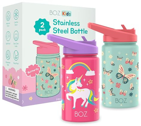 BOZ Barnvattenflaska 2-pack, 414 ml (enhörning/fjäril) | Reptålig med bärhandtag, diskmaskinssäker