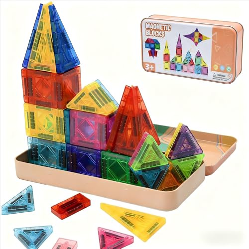 MSIHEY Bloques Magneticos Construccion Niños Juguetes Stem para Niños Educativo Montessori Juguetes Niños 3-8 Años, 40 Piezas Magneticas con NiñosEstuche de Metal