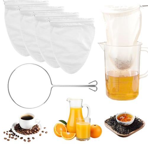 4 pezzi Sacchetto per Latte di Noce, Setaccio Filtro Alimentare, Sacchetto Filtro a Maglia Fine, con 1 Anello in Acciaio Inox, Riutilizzabile, con Cerniera, per Cucina, Formaggio, Bacche, Succo, Caffè