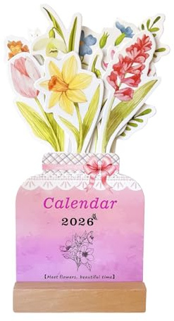 Djowyh Calendario de mesa con flores florales 2026 | Calendario mensual de mesa y planificador con soporte de madera | Agenda decorativa de mesa, para Navidad, San Valentín, cumpleaños, vacaciones