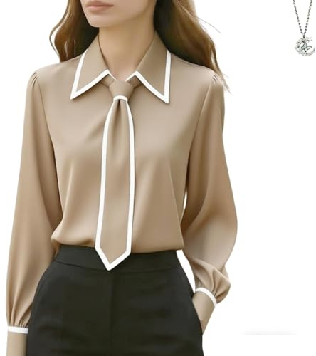 WXDTW Chemisiers en soie habillés pour femmes, blouses d’affaires décontractées élégantes à col échancré, manches longues en satin pour le travail, chemises de bureau avec nœud, kaki, M