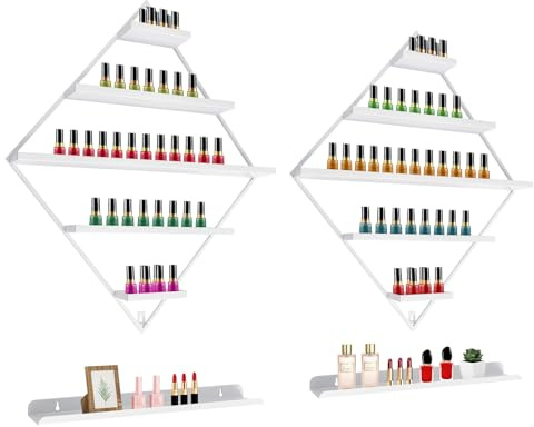 MIUKYUI Estantería profesional para esmalte de uñas en la pared, diseño de rombo, esmalte de uñas grande, 5 niveles, para hasta 90 botellas, color dorado, para estudio y hogar, salón de belleza, color