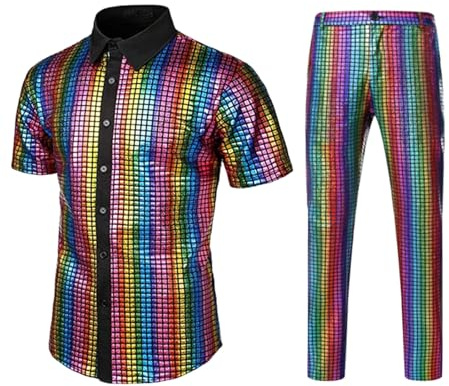 Generico Costume da Discoteca Anni '70 da Uomo con Maniche Corte Pantaloni a Zampa e Camicia a Righe Arcobaleno Abito da Festa Retrò Lgbt con Camicia Glitterata e Pantaloni Hippie