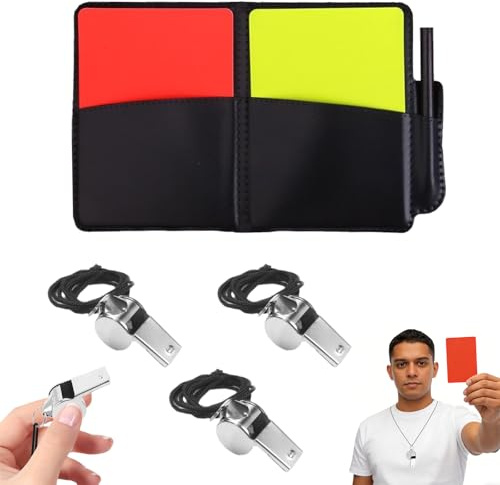 FMPXYYA Kit de Tarjetas de Árbitro para Fútbol con Silbatos, Tarjetas Roja y Amarilla, Cuaderno con Puntuación y Bolígrafo, Juego Deportivo para Escuela, Entrenamiento y Partidos Oficiales