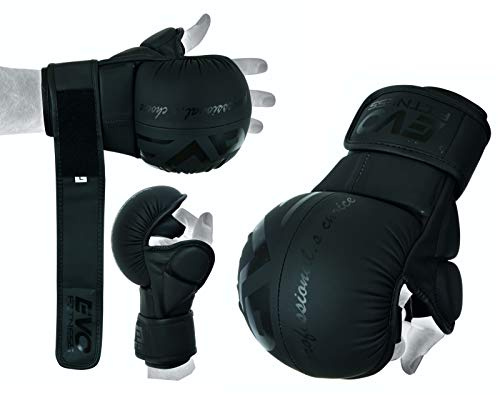EVO Fitness Matte Black Leather MMA Gloves Muay Thai Martial Arts KickBoxing Grappling UFC Cage Fighting Sparring Training Mitts (Matte Black, X-Large)
