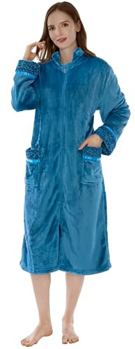 PAVILIA Womens Housecoat Zip Robe, Fleece Zip Up Front Robe Bathrobe, Plush Warm Zipper House Coat Lounger for Women Ladies Elderly with Satin Trim, Pockets, Long - Teal Sea Blue (Small/Medium)