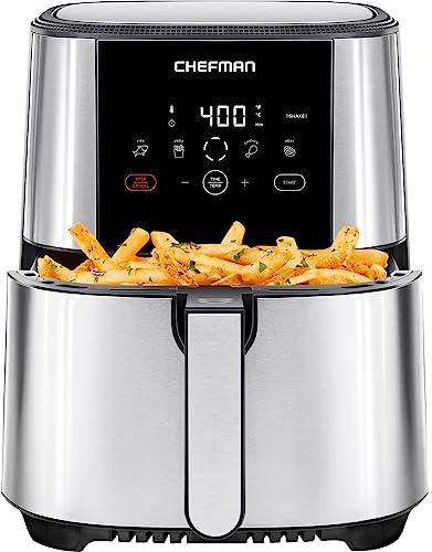 Chefman TurboFry Touch Air Fryer, Large 5-Quart Family Size, One Touch Digital Control Presets, French Fries, Chicken, Meat, Fish, Nonstick Dishwasher-Safe Parts, Automatic Shutoff, Stainless Steel