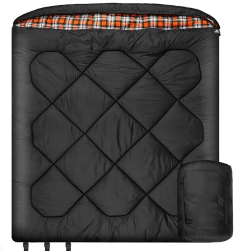 Sac de couchage d'hiver double 0 degrés pour grand lit 2 personnes avec doublure en flanelle 100 % coton, chaud et imperméable pour le camping, la pêche ou la chasse par temps froid (noir/orange)