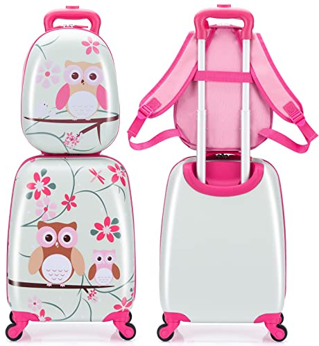 GYMAX Set di Valigia per Bambini, Trolley Bagaglio di 2 Pezzi a Mano Cavalcabile con Cinghia e Tracolla, Valigia Rigida con Ruote e Zaino, Regalo per Bambino e Bambina (12+16, Gufo)