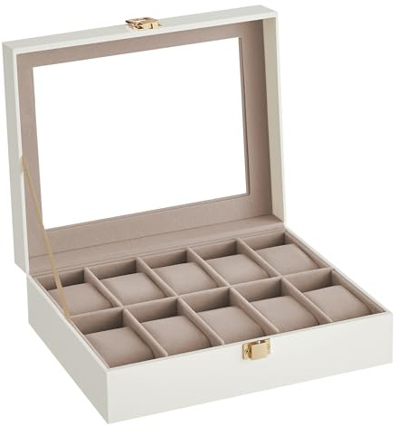 SONGMICS Porta Orologi a 10 Posti, Scatola Portaorologi, Coperchio in Vetro, Cuscini Rimovibili, Chiusura in Metallo, Idea Regalo, Superficie in PU Bianco Nuvola, Interno Beige Cappuccino JWB010W01