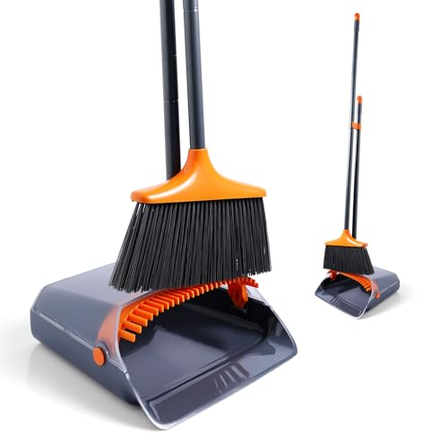 CLEANHOME Besen und Kehrschaufel Set mit langem Stiel, Vier Lagen dichter Borsten, Kehrschaufel verstaubar – mit Kammzinken, geeignet zum Reinigen von Staub, Müll und Haaren im Innenbereich