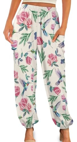 Gzzxiailg Hummingbird Rose Tai Chi Pant for Womens Lightweight Yoga Training Trousers Leisure Slimming Dancing Long Pants for Daily Beach & Lounge