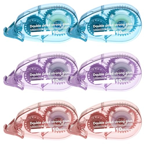 6 Pcs Glue Tape Roller, 8mm x 10m Double Sided Tape Dispenser Transparent Scrapbook Accessories for School, Home, Office, Crafting