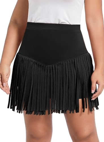 Ella Lust Womens Western Cowgirl Fringe Skirt - Country Concert Outfit Rodeo Tassel Booty Pole Dance Rave Festival Bottoms(Black,L,11161r)