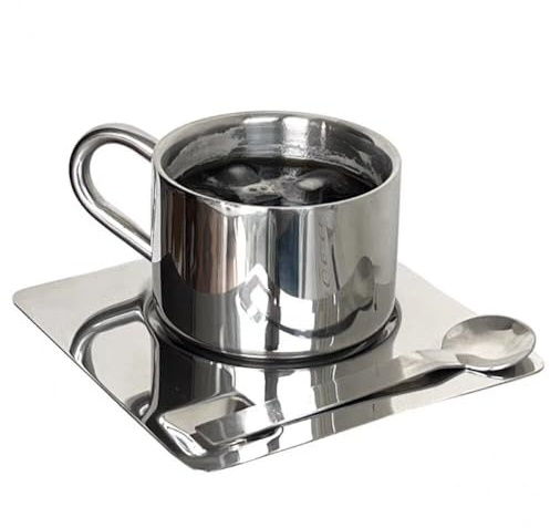 Dianzan Stainless Steel Coffee Mug Set, 175ml Double Wall Coffee Mug with Saucer Cup Spoon Handle Metal Coffee Tea Cup Set for Home Cafe