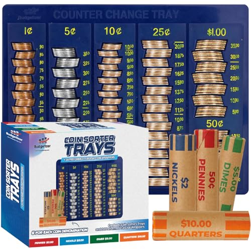 Münzzähler Geldtablett – Blundle mit 24 röhrenförmigen Verpackungen – 6 Fächer für Kleingeld und Halter, blaue Farbe, ideal für Bank, Geschäft oder Zuhause