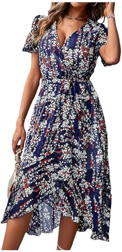 HBWL01 Robe d'été pour invitées de mariage pour femme, robe midi à volants, fente à lacets, robe décontractée à motif floral, blanc, bleu marine, L
