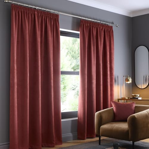 Fusion - Terracotta Curtains W90 x L72 (229 x 183cm) - 100% Cotton - 2x Panels - Pencil Pleat Curtains in Red - Thermal & Soundproof Curtains for Bedroom - Blood Orange Pleated Curtains & Drapes