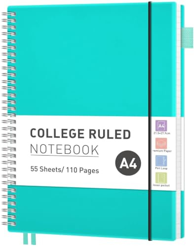 RETTACY A4 Spiral Notebook, Lined Journal, Notepad, 110 Pages, Turquoise | Flexible Plastic Cover Note Book, 100 GSM College Ruled Paper, with Pocket, Pen Loop, Ruler & Bookmark - 21.5 x 27.9 cm