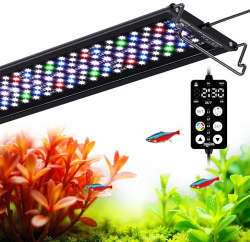 Seaoura Éclairage Aquarium, Aluminium Lampe LED d’Aquarium a Spectre Complet avec Minuterie, Mémoire de Mise Hors Tension, 8 Couleurs, 20 Luminosité pour Aquarium Planté d’eau Douce (120-137cm)